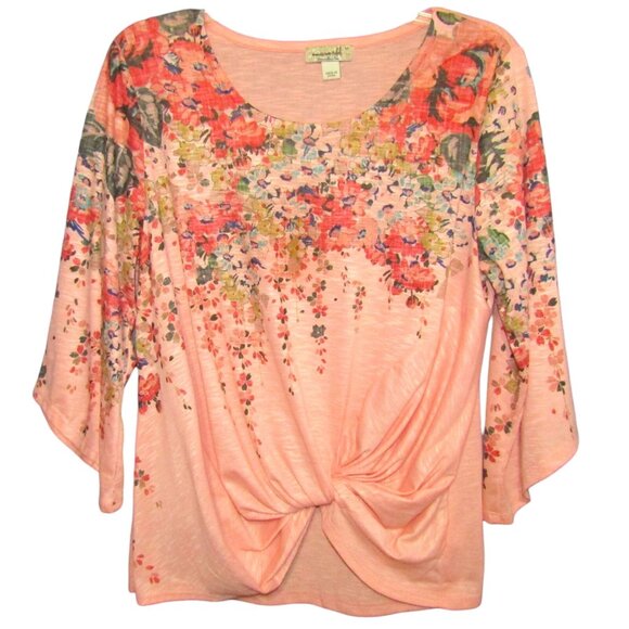 One World Live And Let Live Peach Floral Top Women Size M Twist Front 3/4 Sleeve - Picture 1 of 8